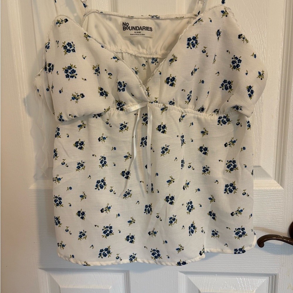 No Boundaries White and Blue Floral Blouse